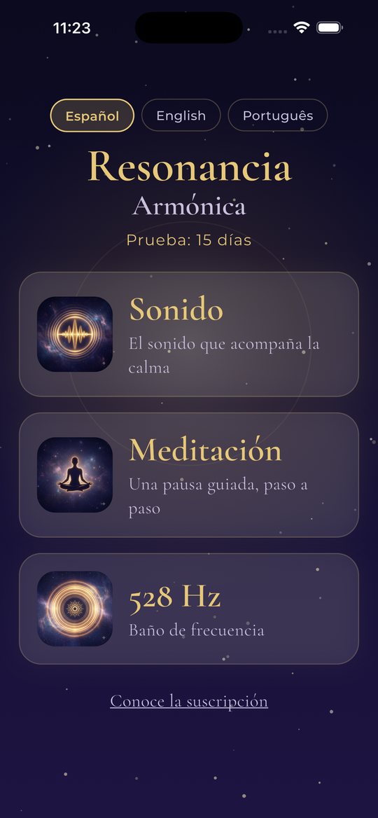 Pantalla de inicio de la app Resonancia Armónica