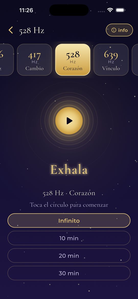 Pantalla de frecuencia 528 Hz de la app